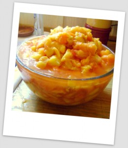 Bowl of processed peaches